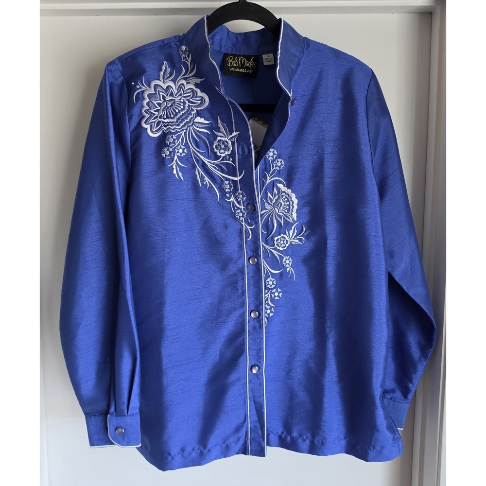 NWT Bob Mackie Wearable Art Blouse Size S Floral Blue Collared Long Sleeve Top